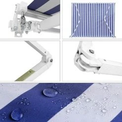 PEDY Auvent Rétractable, Auvent à Bras Repliable Avec Manivelle, Protection Solaire, Anti-UV Et Étanche, En Métal Et Polyester, Pour Cour, Balcon, Restaurant, Café (300 X 250 Cm, Bleu-Blanc) -Pergola Soldes 49637068 3