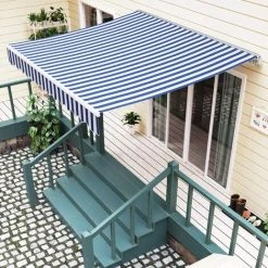 PEDY Auvent Rétractable, Auvent à Bras Repliable Avec Manivelle, Protection Solaire, Anti-UV Et Étanche, En Métal Et Polyester, Pour Cour, Balcon, Restaurant, Café (300 X 250 Cm, Bleu-Blanc) -Pergola Soldes 49637068 5