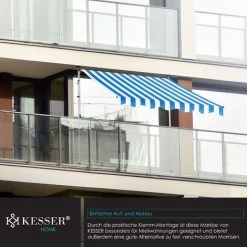 KESSER® Store Banne Avec Manivelle Pour Balcon | Store Pour Balcon Sans Trous à Percer, Résistant Aux UV, Réglable En Hauteur, Hydrofuge, Protège Du Soleil, Toit De Terrasse, Montage Facile, 200cm (de), Auvent Bleu/blanc -Pergola Soldes 50882924 5