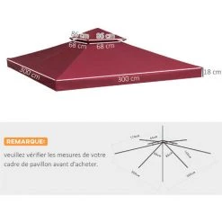 Outsunny Toile De Rechange Pour Pavillon Tonnelle Tente 3 X 3 M Polyester Haute Densité 180 G/m² Bordeaux - Rouge -Pergola Soldes 50909175 3