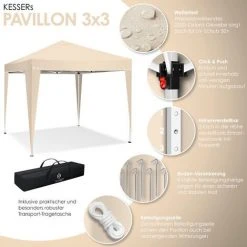 KESSER® Tonnelle 3 x 3 m | Étanche | Sac De Rangement Fourni | Système D’attache Pop-up | Protection UV 50+ | Pavillon Pliable | Tente De Jardin | Chapiteau | Entretoises Métalliques |, Beige (de) -Pergola Soldes 51038906 3