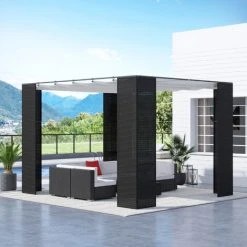 Outsunny Pergola Rétractable Style Colonial Dim. 2,98L X 2,98l X 2H M Métal époxy Anticorrosion Résine Tressée Noire Toile Polyester Haute Densité 180 G/m² Crème - Noir -Pergola Soldes 52476673 2