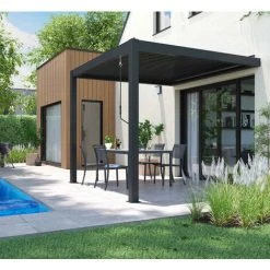 OVIALA Tonnelle Bioclimatique Adossée Aluminium 3 X 3 X 2.5 M - Gris -Pergola Soldes 52531802 3