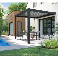 OVIALA Tonnelle Bioclimatique Adossée Aluminium 3 X 3 X 2.5 M - Gris -Pergola Soldes 52531802 4