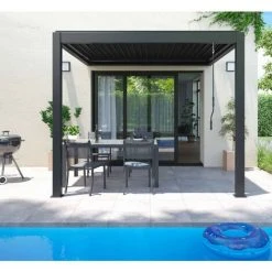 OVIALA Tonnelle Bioclimatique Adossée Aluminium 3 X 3 X 2.5 M - Gris -Pergola Soldes 52531802 5