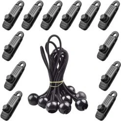 KARTOKNER Lot De 12 Pinces à Bâche Avec Crochet De Fixation Pour Auvent, 12 Cordes à Boule Pour Fixation De Bâches Pour Camping, Jardin, Pique-niques, Auvents En Toile Pour Bateau, Tente De Piscine (noir)