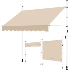Yaheetech Auvent Rétractable Réglable En Hauteur Et En Inclinaison, Store Banne Manuel Avec Manivelle Sans Percement Pour Balcon, Terrasse, Jardin 250 X 120 Cm Beige