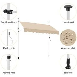 Yaheetech Auvent Rétractable Réglable En Hauteur Et En Inclinaison, Store Banne Manuel Avec Manivelle Sans Percement Pour Balcon, Terrasse, Jardin 250 X 120 Cm Beige -Pergola Soldes 53477405 4