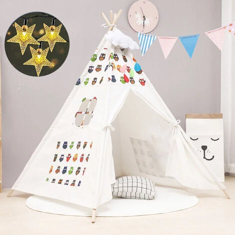 BLEOSAN Tipi Tente De Jeu Avec Guirlande Tente Intérieure Extérieure Blanc Toile Indian Teepee Portable 1.6m 4 BLEOSAN Tipi Tente De Jeu Avec Guirlande Tente Intérieure Extérieure Blanc Toile Indian Teepee Portable 1.6m – Image 2
