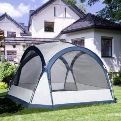 Outsunny Tente De Camping Dôme Familiale 6-8 Personnes - 4 Portes En Filet Zippées, Tissu Oxford Amovible, Crochet Lampe, Sac De Transport - Dim. 350L X 350l X 230H Cm - Blanc Bleu - Bleu -Pergola Soldes 53591989 4