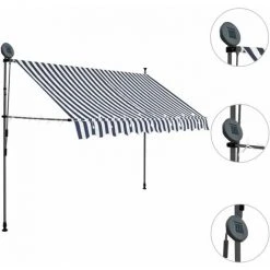 LITZEE Auvent Manuel Rétractable Avec LED 300 Cm Bleu Et Blanc # -Pergola Soldes 53658820 2