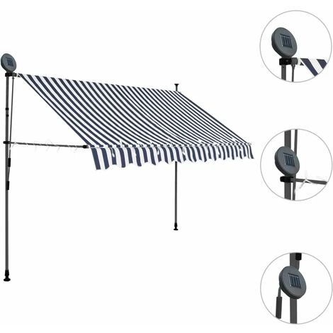 LITZEE Auvent Manuel Rétractable Avec LED 250 Cm Bleu Et Blanc # 4 LITZEE Auvent Manuel Rétractable Avec LED 250 Cm Bleu Et Blanc # – Image 2