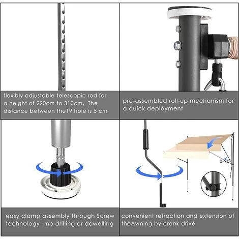 Homfa Auvent Balcon, 200 X 150 Cm Store Balcon Imperméable Avec Manivelle, Sans Perçage, Résistant Aux UV Réglable En Hauteur, En Métal Et Polyester, Kaki 6 Homfa Auvent Balcon, 200 X 150 Cm Store Balcon Imperméable Avec Manivelle, Sans Perçage, Résistant Aux UV Réglable En Hauteur, En Métal Et Polyester, Kaki – Image 4