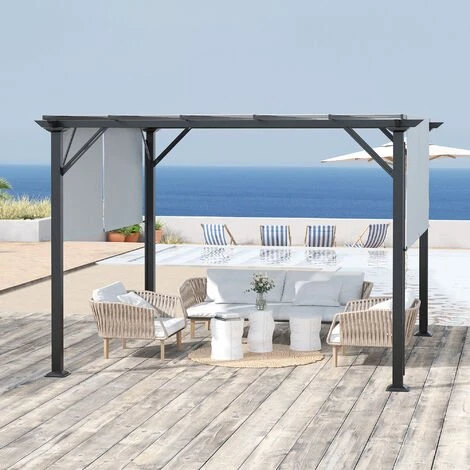 Outsunny Pergola Rétractable 3,05L X 3,05l X 2,2H M Structure Métal époxy Anticorrosion Noir Double Toile Polyester Haute Densité Gris - Gris 4 Outsunny Pergola Rétractable 3,05L X 3,05l X 2,2H M Structure Métal époxy Anticorrosion Noir Double Toile Polyester Haute Densité Gris - Gris – Image 2