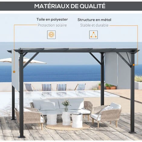 Outsunny Pergola Rétractable 3,05L X 3,05l X 2,2H M Structure Métal époxy Anticorrosion Noir Double Toile Polyester Haute Densité Gris - Gris 6 Outsunny Pergola Rétractable 3,05L X 3,05l X 2,2H M Structure Métal époxy Anticorrosion Noir Double Toile Polyester Haute Densité Gris - Gris – Image 4