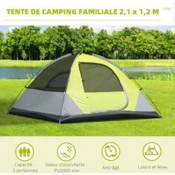 Outsunny Tente De Camping 3 Personnes - Portes Zippées, Poche Rangement, Sac Transport Inclus - Dim. 210L X 210l X 119H Cm - Fibre Verre Polyester Tissu Oxford Gris Vert - Vert -Pergola Soldes 55776921 4