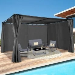 IDMARKET Pergola SAN JOSE 3x4 M Tonnelle De Jardin Avec Rideaux Toile Grise Tente De Réception -Pergola Soldes 56367230 3