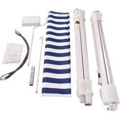 DREMADE DREAMADE Auvent Rétractable Manuel De Terrasse, Store Banne Pliable 3x2,5M, Bras Repliable Avec Manivelle, Protection Solaire Avec Tissu Résistant Aux UV, Pour Balcon,Cour,Restaurant (Bleu Et Blanc) -Pergola Soldes 56476567 5