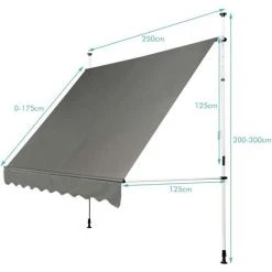 DREMADE DREAMADE Auvent Rétractable Manuel Avec Manivelle, Store Banne Avec Tige De Support Réglable En Hauteur, Résistant Au Solaire, Pour Balcon, Cour, Terrasse De Café, D’Hôtel, De Magasin (Gris, 2,5M) -Pergola Soldes 56476600 5
