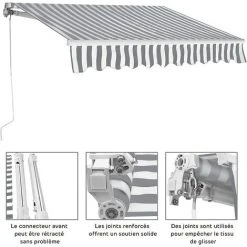 GOPLUS Store Banne Auvent ManuelRétractable Avec Manivelle En Aluminium Et Polyester, Imperméable, Résistant Aux UV, Pour Terrasse, Bistro, Balcon (250x200CM, Gris-Blanc) 9 GOPLUS Store Banne Auvent ManuelRétractable Avec Manivelle En Aluminium Et Polyester, Imperméable, Résistant Aux UV, Pour Terrasse, Bistro, Balcon (250x200CM, Gris-Blanc) -Pergola Soldes 57205710 3