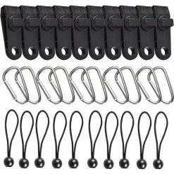 ABCRITAL 30Pcs Clip Tente, Tente Pince Bâche Clip De Bâche Auvents Clip Boucle Auvent Outil Avec 10 Crochets À Clip, 10 Cordes Connectées Et 10 Mousquetons Pour Tentes