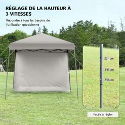 COSTWAY Tonnelle De Jardin 3x3m Pliable-Hauteur Réglable Avec Parois Latérales Amovibles Et Sac à Dos à Roulettes- Auvent Pour Camping, Festival, Plage, Gris -Pergola Soldes 58758540 5