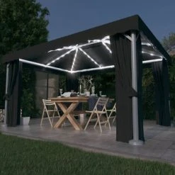 INLIFE Tonnelle Avec Rideau Et Guirlande Lumineuse LED 4x3m Anthracite
