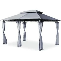 GOPLUS 3,9x2,9M Tonnelle De Reception,Chapiteau De Jardin Avec Double Toit Avec Moustiquaire Détachable Et Armature Robuste, Gazebo Pour Jardins Pour Mariages, Barbecues, Pique-niques, Fêtes (Gris)