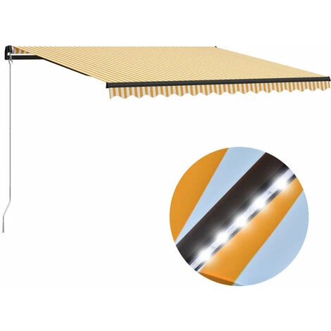 LITZEE Auvent Manuel Rétractable Avec LED 400x300 Cm Jaune Et Blanc # 3 LITZEE Auvent Manuel Rétractable Avec LED 400x300 Cm Jaune Et Blanc #