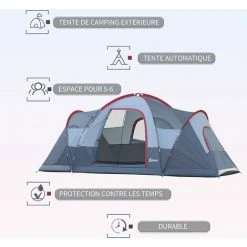 PESCE Tente De Camping Familiale 5-6 Pers. - Grande Porte + 3 Fenêtres - Dim. 4,55L X 2,3l X 1,8H M Fibre Verre Polyester Oxford Gris -Pergola Soldes 60170236 4