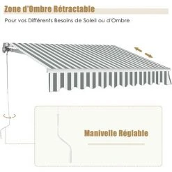 RELAX4LIFE Store Banne 3X2,5M Rétractable Réglable 0-35° Avec Manivelle Manuel Et Revêtement Imperméable, Auvent Anti-Soleil Avec Cadre En Alu Durable Pour Balcon, Jardin, Patio (Rayure Gris-Blanc) -Pergola Soldes 60464871 3