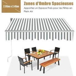 RELAX4LIFE Store Banne 3X2,5M Rétractable Réglable 0-35° Avec Manivelle Manuel Et Revêtement Imperméable, Auvent Anti-Soleil Avec Cadre En Alu Durable Pour Balcon, Jardin, Patio (Rayure Gris-Blanc) -Pergola Soldes 60464871 4