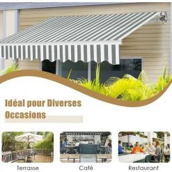 RELAX4LIFE Store Banne 3X2,5M Rétractable Réglable 0-35° Avec Manivelle Manuel Et Revêtement Imperméable, Auvent Anti-Soleil Avec Cadre En Alu Durable Pour Balcon, Jardin, Patio (Rayure Gris-Blanc) -Pergola Soldes 60464871 5