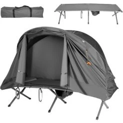 GOPLUS Lit De Camping Avec Auvent De Pluie,Tente Extérieure Pour 1/2 Personne, Tente Pliable Avec Lit Surélevé,Tapis De Couchage Et Sac De Transport,Charge Maximale 150KG (1 Place, Gris)