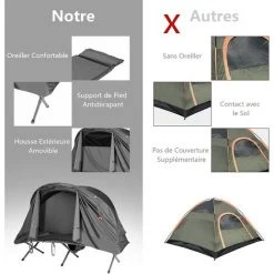 GOPLUS Lit De Camping Avec Auvent De Pluie,Tente Extérieure Pour 1/2 Personne, Tente Pliable Avec Lit Surélevé,Tapis De Couchage Et Sac De Transport,Charge Maximale 150KG (1 Place, Gris) -Pergola Soldes 60579257 4