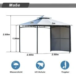JN.SONGS Tonnelle De Jardin Avec écran Latéral Tente Pavillon Revêtement Hydrofuge 180 G/m² Pour Patio Jardins 3x3x2.68 M Gris -Pergola Soldes 63780381 3