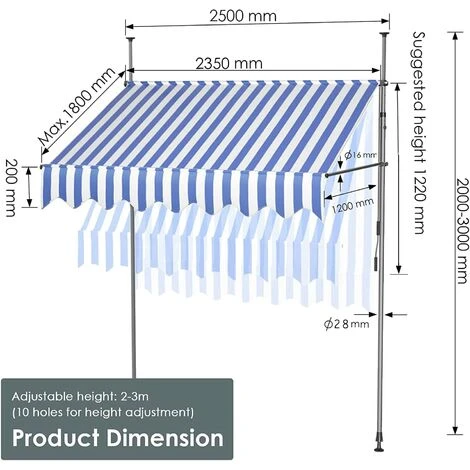 AICOK Auvent Balcon, Store Balcon Imperméable Avec Manivelle, Sans Perçage, Résistant Aux UV Réglable En Hauteur, 250 X 120 Cm, En Métal Et Polyester, Bleu Et Blanc 4 AICOK Auvent Balcon, Store Balcon Imperméable Avec Manivelle, Sans Perçage, Résistant Aux UV Réglable En Hauteur, 250 X 120 Cm, En Métal Et Polyester, Bleu Et Blanc – Image 2
