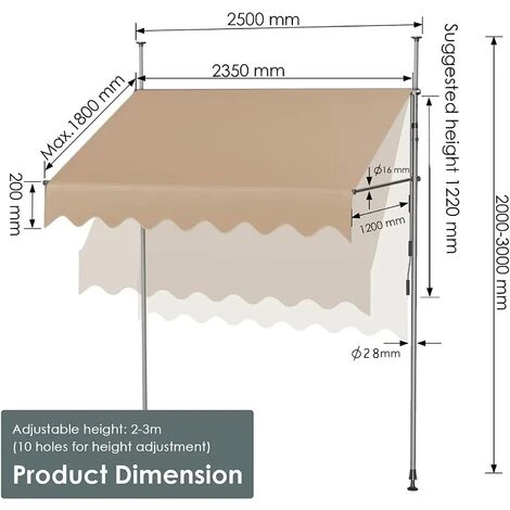 AICOK Auvent De Balcon Rétractable En Métal Et Polyester, Résistant Aux UV Et à L'eau, Hauteur Réglable, Avec Manivelle Sans Perçage, 250 X 120 Cm, Beige 4 AICOK Auvent De Balcon Rétractable En Métal Et Polyester, Résistant Aux UV Et à L'eau, Hauteur Réglable, Avec Manivelle Sans Perçage, 250 X 120 Cm, Beige – Image 2
