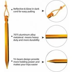L'FLANEUR Piquets De Tente, Piquets De Tente à Ongles, Piquets De Tente De Camping Extérieur En Aluminium De 10 Pièces Avec Corde Réfléchissante, Idéaux Pour Les Voyages En Camping (18 Cm, Or) ANEUR -Pergola Soldes 65355839 4
