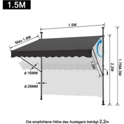 UISEBRT Store Banne Manuel, Store Balcon Avec Manivelle Hauteur Réglable Sans Perçage Protection UV, Solaire, Résistant Aux Intempéries Pour Balcon, Terrasse, Jardin (150 X 120 Cm, Gris Foncé) 8 UISEBRT Store Banne Manuel, Store Balcon Avec Manivelle Hauteur Réglable Sans Perçage Protection UV, Solaire, Résistant Aux Intempéries Pour Balcon, Terrasse, Jardin (150 X 120 Cm, Gris Foncé) -Pergola Soldes 65671643 2