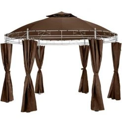 TECTAKE Tonnelle De Jardin Ronde Avec Panneaux Latéraux 6 Piliers En Métal 3,5 M X 2,8 M Marron - Marron