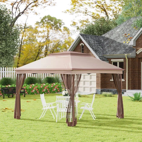 Outsunny Tonnelle Barnum De Jardin Pop-up Pliant 3,25L X 3,25l X 2,65H M Acier Polyester Moustiquaires + Sac De Transport Café - Marron 4 Outsunny Tonnelle Barnum De Jardin Pop-up Pliant 3,25L X 3,25l X 2,65H M Acier Polyester Moustiquaires + Sac De Transport Café - Marron – Image 2