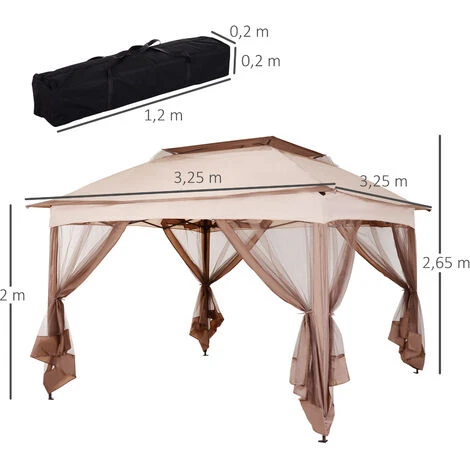Outsunny Tonnelle Barnum De Jardin Pop-up Pliant 3,25L X 3,25l X 2,65H M Acier Polyester Moustiquaires + Sac De Transport Café - Marron 5 Outsunny Tonnelle Barnum De Jardin Pop-up Pliant 3,25L X 3,25l X 2,65H M Acier Polyester Moustiquaires + Sac De Transport Café - Marron – Image 3